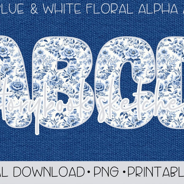 Blue & White Floral Alphabet A-Z PNG | Digital Download | Grandmillennial Alphabet Pack PNG | Blue Floral Alphabet Pack PNG | Blue Flowers