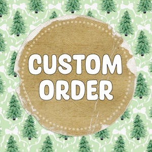 May include: A brown circle with a distressed, textured surface and white polka dots around the edge. The text "CUSTOM ORDER" is written in white, bold letters.