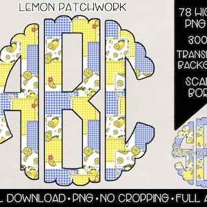 May include: A digital design featuring the letters "ABC" in a patchwork style. The design incorporates yellow and blue gingham patterns, lemon illustrations, and a scalloped border. Text includes "Lemon Patchwork" and "Digital Download".