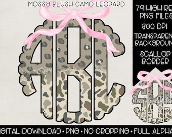 May include: Digital download featuring a monogram with the letters ABC in a mossy blush camo leopard pattern. The design includes a scalloped border and a pink bow. Text on the image indicates it is a high-resolution PNG file with a transparent background.