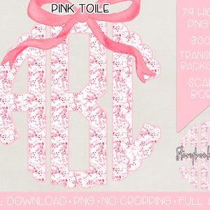 Pink Toile Bow Monogram PNG | Digital Download | Preppy Bird Toile Monogram PNG | Toile Coquette Monogram PNG | Pink Toile Bow Monogram png