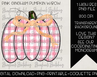Pink Gingham Pumpkin with Orange Bow PNG | Digital Download | Coquette Pumpkin PNG | Watercolor Pink Gingham Pumpkin PNG | Coquette Autumn