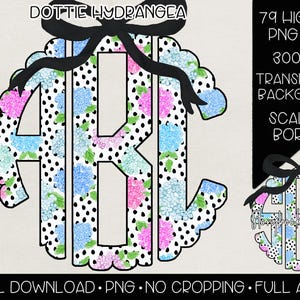 May include: A set of 79 high-resolution PNG files featuring a monogram design with a scalloped border. The monogram is surrounded by a pattern of pink, blue, and white hydrangeas on a black and white polka dot background. The text "DOTTIE HYDRANGEA" is visible at the top of the image.