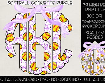 Softball Coquette Purple Bow Monogram PNG | Digital Download | Purple Softball Bow Monogram PNG |