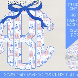 May include: A digital download graphic with the text "GRAND OL' FLAG". The design features the letters "AKB" in a patriotic pattern of red, white, and blue, with a scalloped border and a blue bow. Additional text includes "79 HIGH RES PNG FILES" and "300 DPI".