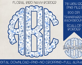 Blau weißes Blumenmonogramm PNG mit marineblauem Rand | Digitaler Download | Vollständiges Alphabet | Blauer Vogel Chinoiserie Monogramm PNG |