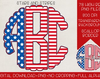 Patriotisches Sternenbanner-Monogramm PNG | Digitaler Download | Patriotisches amerikanisches Flaggenmonogramm PNG | Amerika-Jakobsmuschel-Monogramm PNG | USA png