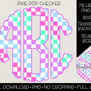 Könnte beinhalten: Ein Satz von 78 digitalen Monogramm-Designs mit einem Schachbrettmuster in den Farben Pink, Blau, Grün und Lila. Die Monogramme haben einen gewellten Rand und sind vor einem transparenten Hintergrund platziert.