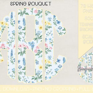 Spring Bouquet Monogram PNG | Digital Download | Spring Floral Monogram PNG | Grandmillennial Floral Monogram PNG | Yellow Blue Floral png