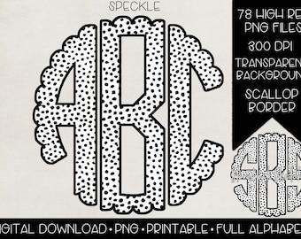 Speckled Black and White Monogram | Circle Scallop Digital Monogram PNG | Black Dots Digital Monogram PNG | Monogram Clipart | Black & White