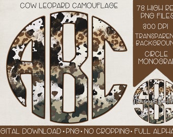 May include: 78 high-resolution PNG files of circle monogram letters in a cow, leopard, and camouflage pattern. The letters are in a brown outline and the background is transparent. The text "COW LEOPARD CAMOUFLAGE" is at the top of the image. The text "78 HIGH RES PNG FILES" is in the top right corner of the image. The text "300 DPI" is below the text "78 HIGH RES PNG FILES". The text "TRANSPARENT BACKGROUND" is below the text "300 DPI". The text "CIRCLE MONOGRAM" is below the text "TRANSPARENT BACKGROUND". The text "DIGITAL DOWNLOAD.PNG.NO CROPPING.FULL ALPHA" is at the bottom of the image.