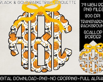 May include: A digital design featuring a monogram with the letters "ARB" filled with basketballs and accented with black bows and gold ribbons. The design has a scalloped border and includes the text "Black & Gold Basketball Coquette".