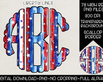 Liberty Lines Monogramm PNG | Digitaler Download | Vaterländisches Sterne und Streifen-Monogramm PNG | Rot, weiß und blau Monogramm PNG | Vierter Juli