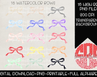 15 Watercolor Bows PNG | Digiital Download | Assorted Coquette Bows PNG | Bow Pack Set Png |