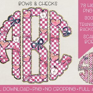 Monogramma Bows and Checkers PNG, download digitale, monogramma Bows and Checkers Back to School, PNG, monogramma Bow Capesante, alfabeto completo