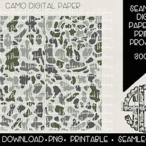 May include: A seamless digital paper pattern with a camouflage design in shades of green, gray, and white. The pattern is 300 DPI and is suitable for printed projects.