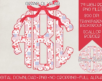 Red Grand Ol Flag Bow Monogram PNG | Patriotic American Flag Coquette Monogram PNG | Fourth of July Coquette Monogram PNG | Flag Bow Trellis