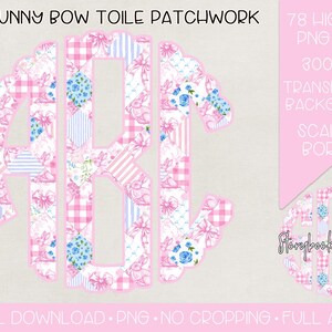 May include: A set of 78 digital monogram letters in a pink and blue toile patchwork design with a scalloped border. The letters are in a circle shape and are ideal for crafting projects.