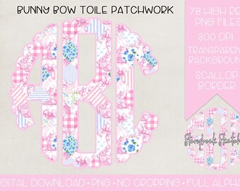 Bunny Bow Toile Patchwork Monograma PNG | Download digital | Primavera Páscoa Pacthwork Monograma PNG |