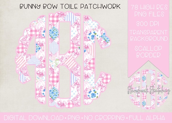 Bunny Bow Toile Patchwork Monogram PNG | Digital Download | Spring Easter Pacthwork Monogram PNG |