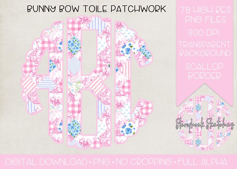 May include: A set of 78 digital monogram letters in a pink and blue toile patchwork design with a scalloped border. The letters are in a circle shape and are perfect for crafting projects.
