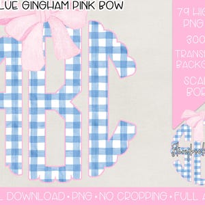 Blue Gingham Pink Bow Monogram PNG | Digital Download | Pink & Blue Grandmillennial Gingham Monogram PNG | Grandmillennial Bow Monogram PNG