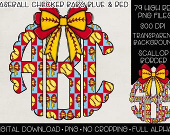 Softball Checker Bow Monogram PNG | Digital Download | Softball Baby Blue & Red Checker Bow Monogram PNG |