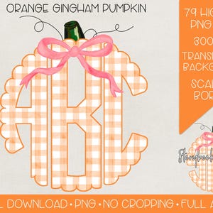 May include: Orange and white gingham pumpkin with a pink bow and scalloped edges. The pumpkin is a monogram with the letters A, B, and C.  79 high resolution PNG files, 300 DPI, transparent background.