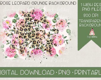 Rose Leopard Background PNG | Digital Download | Printable Floral Leopard Background | Sublimation Background Design | Grunge Background PNG