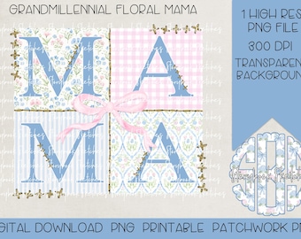 Grandmillennial bloemen patchwork mama, png | Digitale download | Grandmillennial Bow Mama-patchwork, png | Grandmillennial Mama, png |