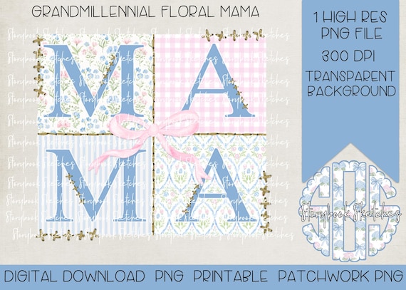 Grandmillennial Floral Patchwork Mama PNG | Digital Download | Grandmillennial Bow Mama Patchwork PNG | Grandmillennial Mama PNG |