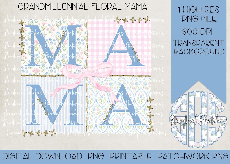May include: A digital download of a patchwork style "MAMA" graphic with blue and pink floral patterns. The graphic is 300 DPI and has a transparent background.