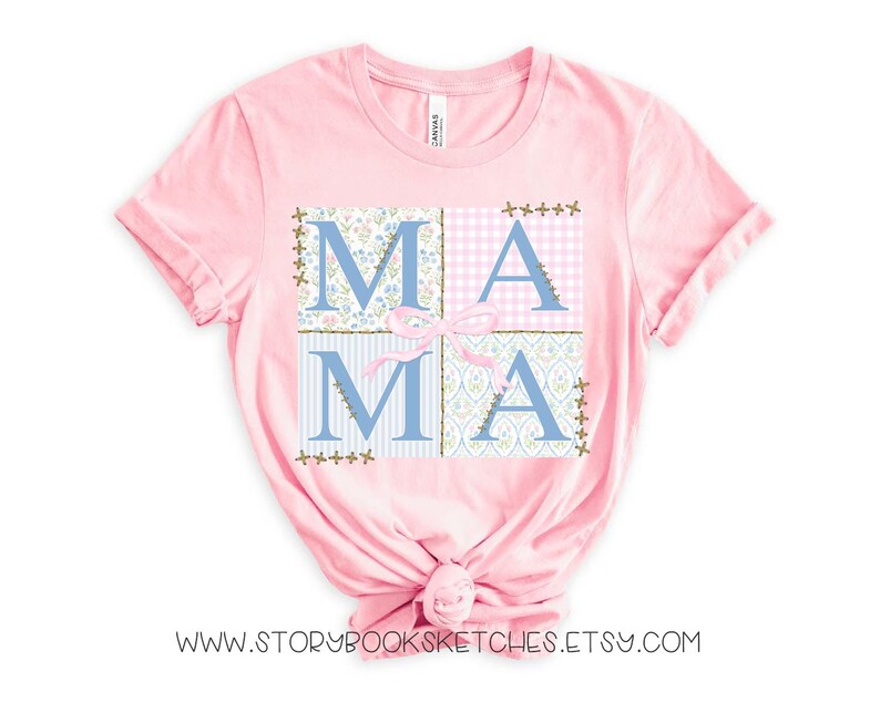May include: Pink t-shirt with a patchwork design that spells out "MAMA" in blue letters. The patchwork design features floral, gingham, and paisley patterns.