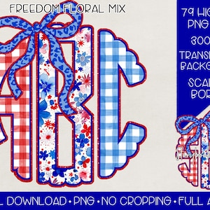 May include: A digital design featuring the letters "HBC" in a patriotic theme. The letters are filled with red and white gingham, floral patterns, and blue accents. A blue bow with a leopard print design tops the letters. The design includes the text "FREEDOM FLORAL MIX".