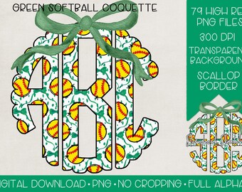 Green Softball Coquette Monogram PNG | Digital Download | Forest Green Bow Softball Monogram PNG | Hunter Green Bow Softball Monogram PNG |
