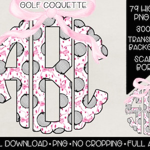 May include: A set of 79 high-resolution PNG files featuring a monogram design with a golf ball pattern. The monogram is surrounded by a pink ribbon and a scalloped border. The background is transparent.