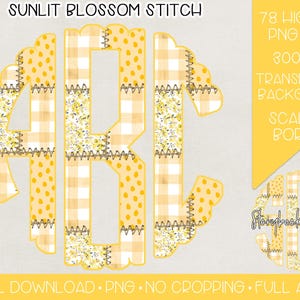 May include: 78 high-resolution PNG files of a yellow and white monogram with a scalloped border. The monogram is made up of three letters, A, B, and C, and is decorated with a patchwork design. The letters are stitched together with a brown thread. The background is transparent.