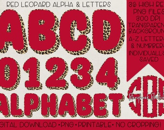 Red and Leopard Shadow Alphabet Pack Number Pack PNG | Digital Download | Full Alphabet | 36 Individually Saved PNGs for Easy Designing |