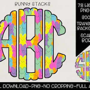 May include: A set of 78 high-resolution PNG files featuring the letters A, B, and C. Each letter is made up of a pattern of colorful bunny-shaped candies. The letters are surrounded by a scalloped border.