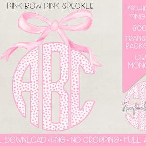May include: Pink circle monogram with a pink bow. The monogram is made up of the letters A, B, and C. The letters are outlined in white and filled with white polka dots on a pink background. The bow is tied around the top of the monogram. The background is a light beige.