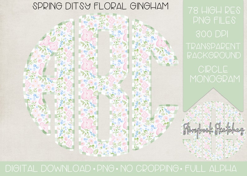 Ditsy Floral Gingham Monogram PNG | Digital Download | Spring Floral ...