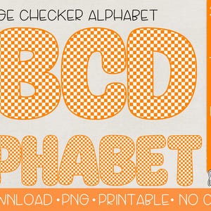 May include: Orange checkerboard alphabet letters A, B, C, and D in a bold, rounded font. The letters are individually saved as 26 high-resolution PNG files with transparent backgrounds.  The text "ORANGE CHECKER ALPHABET" and "ALPHABET" is also included in the image.