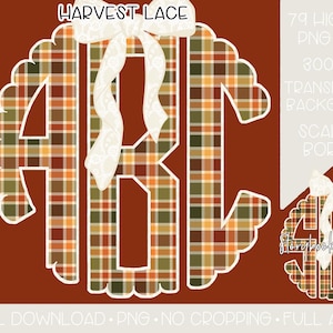 Puede incluir: Un dise&ntilde;o digital con las letras ABC en un patr&oacute;n de cuadros con un borde festoneado y un lazo blanco. El dise&ntilde;o incluye el texto "HARVEST LACE" y otros textos, incluyendo "79 HIGH RES PNG FILES" y "DESCARGA DIGITAL".