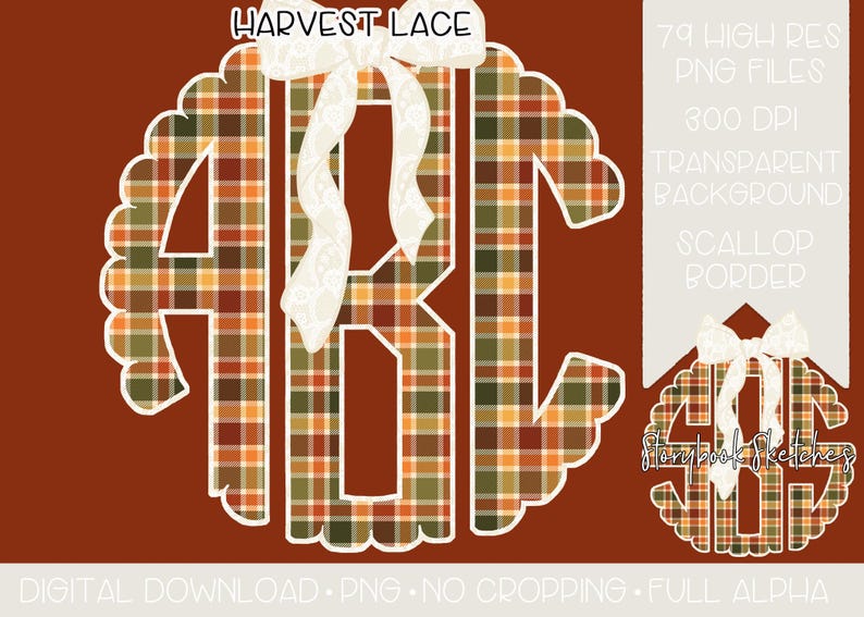 Puede incluir: Un dise&ntilde;o digital con las letras ABC en un patr&oacute;n de cuadros con un borde festoneado y un lazo blanco. El dise&ntilde;o incluye el texto "HARVEST LACE" y otros textos, incluyendo "79 HIGH RES PNG FILES" y "DESCARGA DIGITAL".