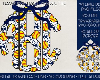 Navy Softball Coquette Monogram PNG | Digital Download | Navy Bow Softball Speckle Monogram PNG | Navy Blue Softball Bow Monogram PNG |
