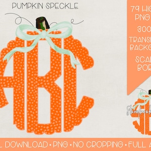 May include: A pumpkin-shaped monogram with a scalloped border and a speckled orange design. The monogram is decorated with a light green bow. The text "ABC" is displayed in white within the monogram.
