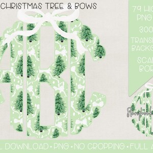 May include: A digital download graphic with a light green monogram design featuring Christmas trees and deer. The design includes the text "CHRISTMAS TREE & BOWS" and other details like "79 HIGH RES PNG FILES" and "SCALLOP BORDER".