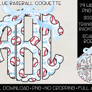 Op de afbeelding: Een set van 79 hoge resolutie PNG-bestanden van een monogram met een blauw baseball en een witte achtergrondpatroon. Het monogram heeft een gegolfde rand en een blauwe strik. De bestanden zijn 300 DPI en hebben een transparante achtergrond.