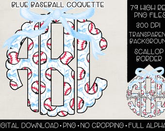 Blue Baseball Coquette Bow Monogram PNG | Digital Download | Bow Trellis Baseball Monogram PNG | Baby Blue Baseball Bow Monogram PNG |