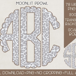 May include: A set of 78 high-resolution PNG files featuring a monogram design with the letters A, B, and C. The letters are in a gray and white leopard print pattern and are surrounded by a scalloped border. The background is transparent.